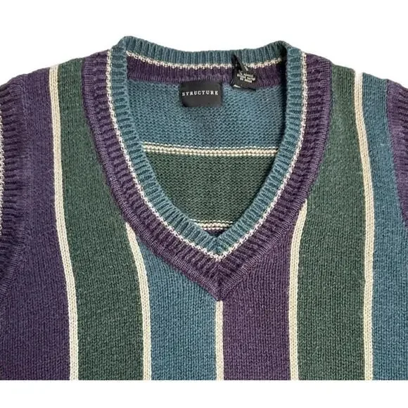 Vintage Structure Sweater Vest Mens L Blue Green Purple 90s Stripe V Neck Preppy - Picture 4 of 6